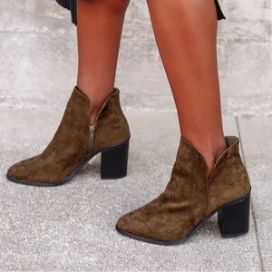 Lulu’s “Martella” Olive Suede Ankle Booties